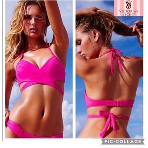 Victoria’s Secret The Wrap Halter Bikini Top Neon Lotus Pink Size 32DD/M/10 EUC